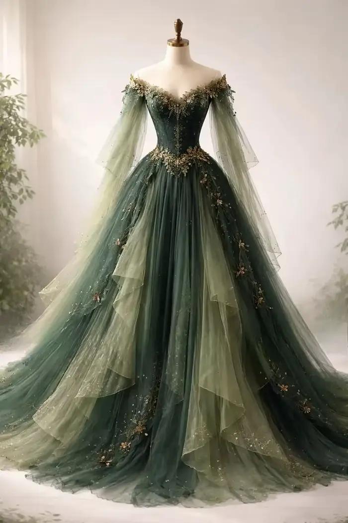 Robe de mariée vert forêt style Fairycore, glamour, épaules dénudées, avec appliqués étincelants, ro