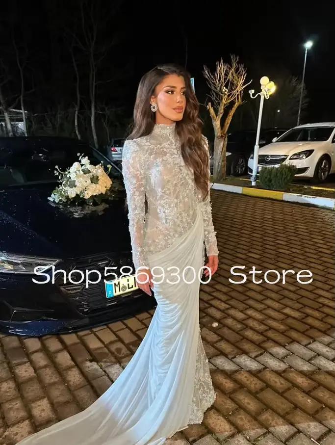 Robe de soirée moderne musulmane bleu ciel, en dentelle florale, col haut, manches longues, froncée,