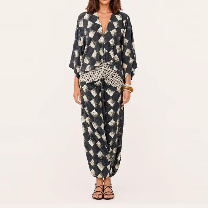 Robe longue décontractée pour femme 2026, col en V sexy, imprimé chic, manches chauve-souris, taille
