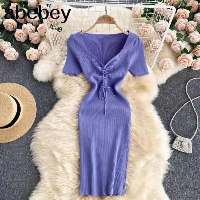 Robe coréenne à manches courtes et col en V pour femmes, design de proximité, wstring, élastique, sl