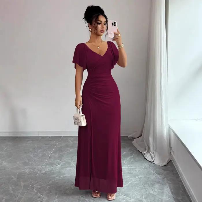 Robe de soirée élégante pour femme à col en V, avec manches volantées et fente, en gaze de polyester