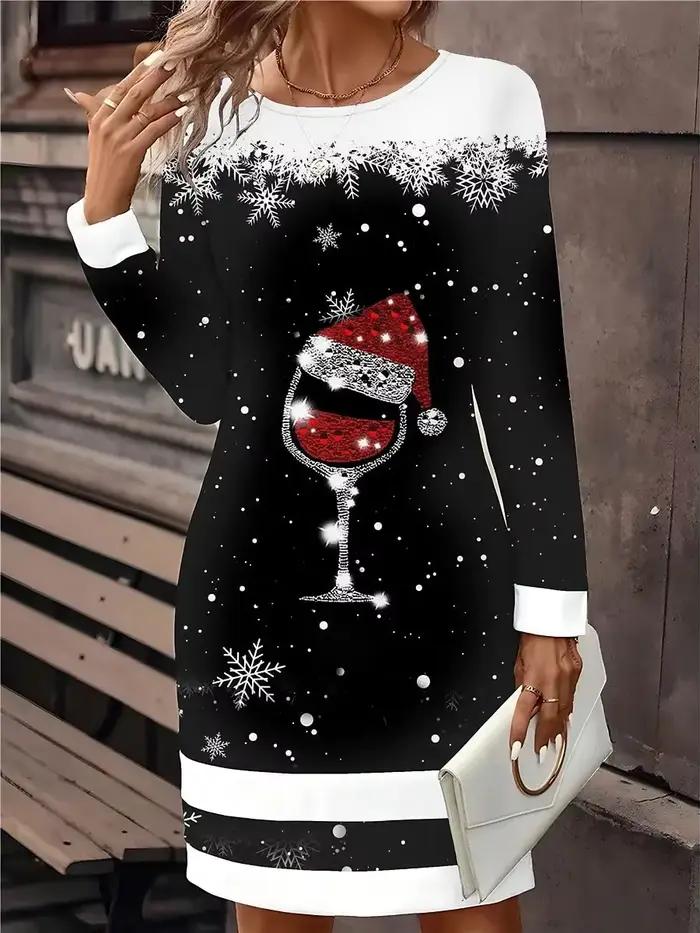 Femmes robe de noël mode décontracté noël flocons de neige verre à vin imprimé Mini robe à manches l