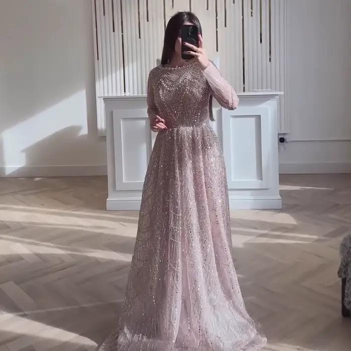 Luxe vert Olive à manches longues perlée une ligne robe de soirée pour la fête de mariage bal Serene