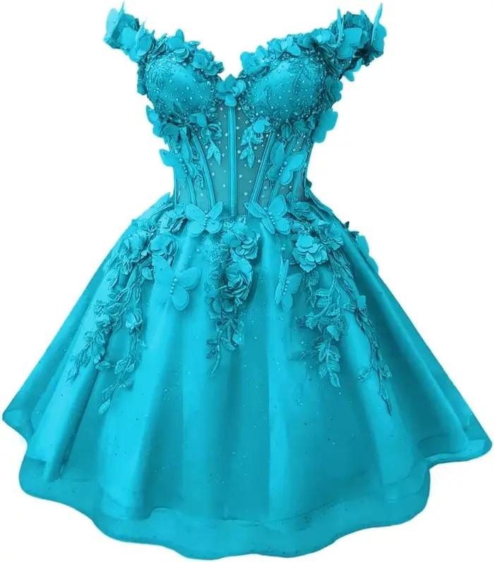 Robes de soirée courtes papillon 3D pour adolescents, épaules dénudées, en Tulle, robes de demoisell