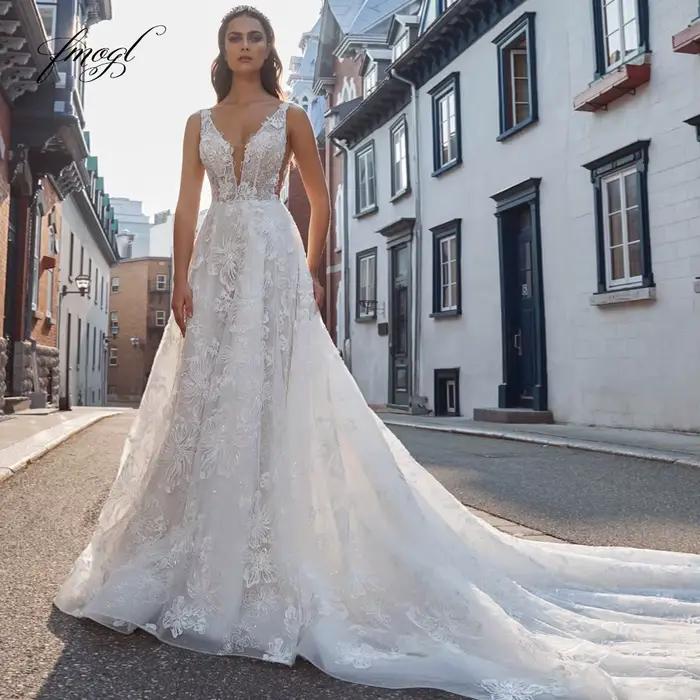 Fmogl-Robe de Mariée Vintage Élégante en Dentelle, Dos aux, Col en V, Bretelles Spaghetti Délicates,