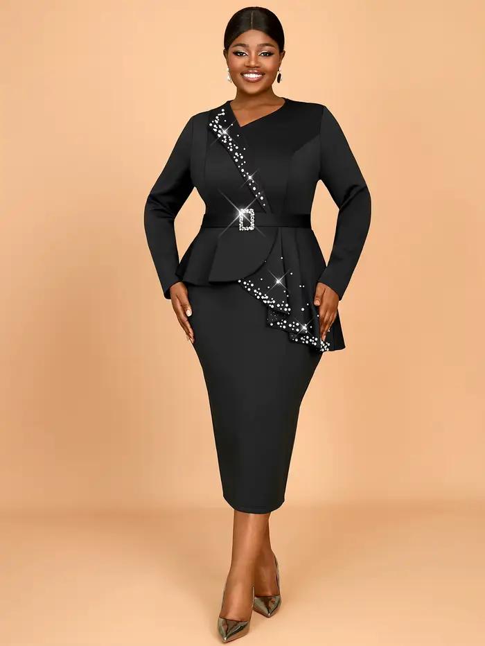 Robes noires élégantes pour femmes, col rond, manches longues, volants perlés, taille haute, mode, S