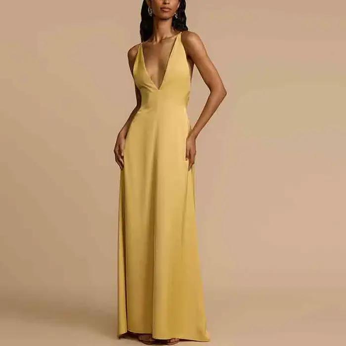 Robe longue élégante sans manches pour femmes, col en V profond, ligne a, robes de soirée, dos nu, à