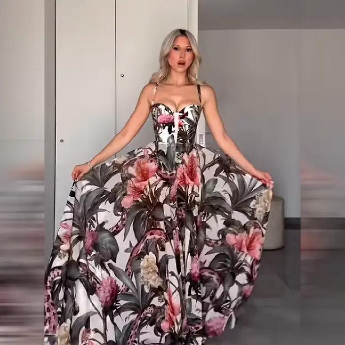 Robe longue de vacances pour femme, sexy, imprimé floral, col cœur, sans manches, robes de soirée à 