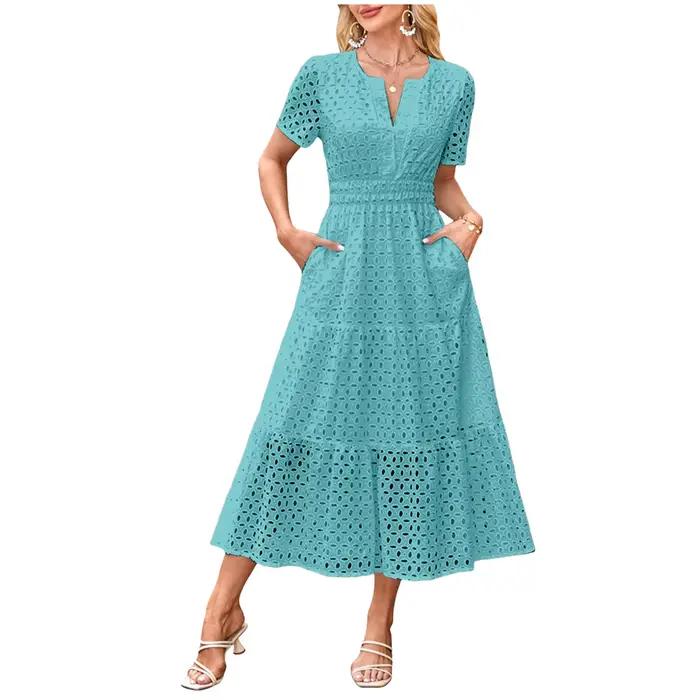 Robes de Cocktail pour femmes, manches courtes, taille haute, Maxi, Sexy, col en V, robe longue creu