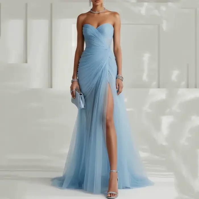 JEHETH Robes de soirée élégantes bleu ciel pour invitées de mariage robe de fiançailles sans bretell