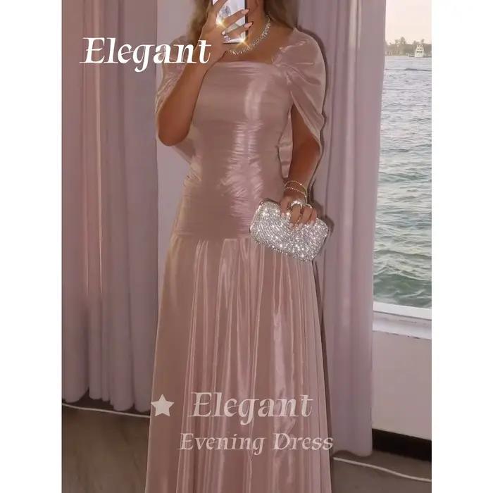 Robe de soirée formelle arabe modeste en mousseline de soie brillante froissée, col carré, manches à