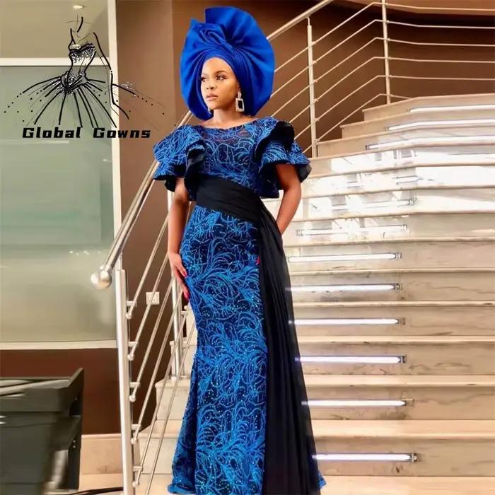 Robe de soirée en dentelle à paillettes pour femmes africaines, robe de Rhsirène, manches courtes, t