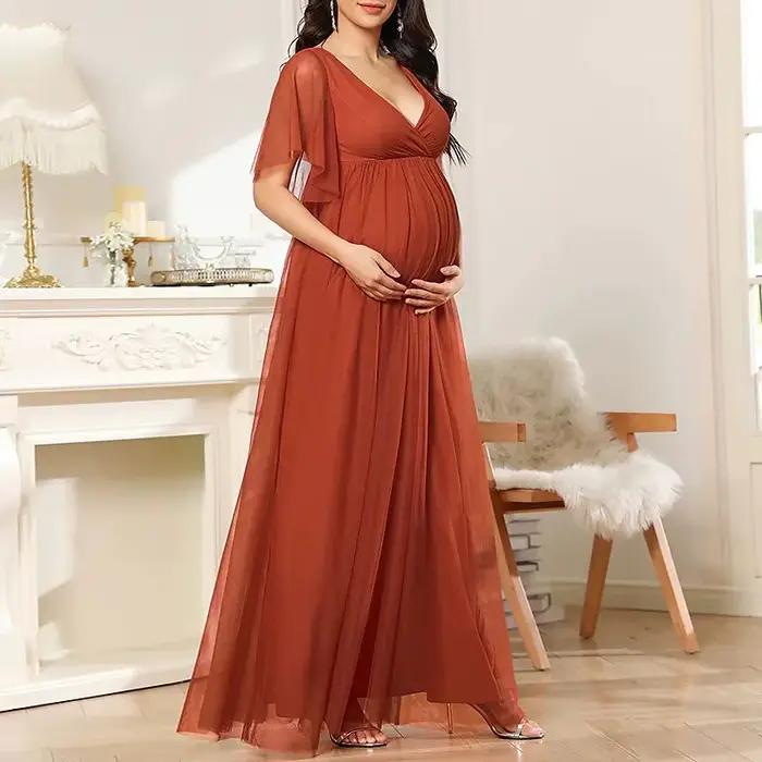 Robe de Soirée à Manches Courtes et Col en V, Tenue de Grossesse Transparente, de Couleur Unie, pour