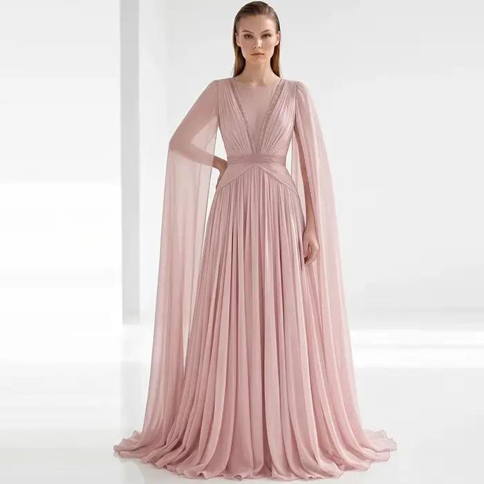 Robe de soirée classique en mousseline à col en V, manches longues simples, robes de cérémonie éléga