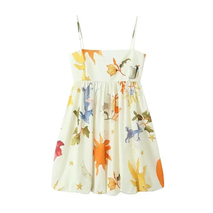 Robe Mini Chic Femme Élégance Française Soirée Mode Estivale Imprimée Ample Sans Manches Dos Nu à Br