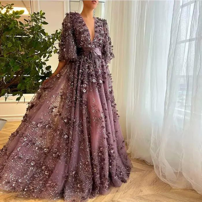 Robes de fête d'anniversaire romantique dentelle a-ligne robe de bal violet col en v applique ceintu