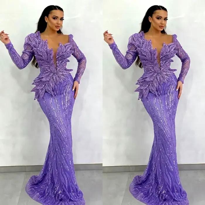 Robe de bal lilas à col en V et manches longues avec motif feuille, robe de soirée sirène à sequins 