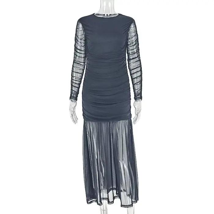 Robe longue drapée pour femme, à col roulé, manches longues, avec empiècements en gaze, ceinture pli