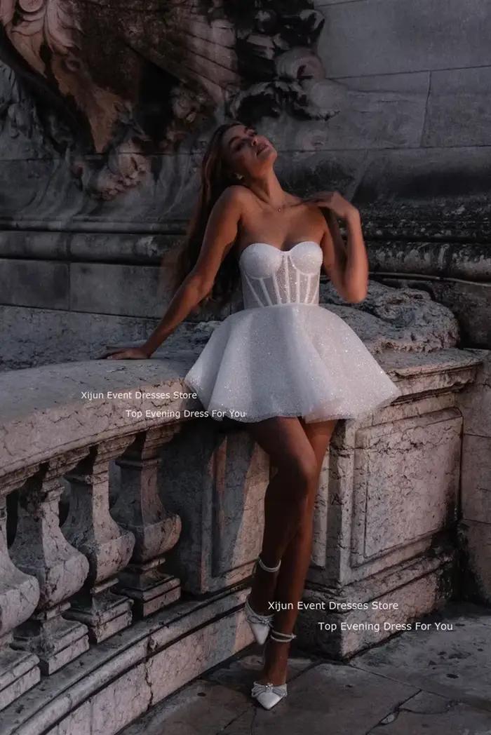 Xijun-Robes de mariée scintillantes, robes de Rhen fibre chérie, mini robes courtes en tulle pour le