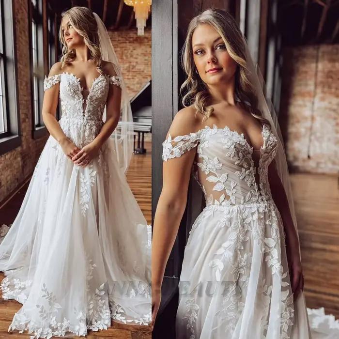 Anna – robe de mariée attrayante, col en v, épaules dénudées, avec des Appliques en dentelle, ligne 
