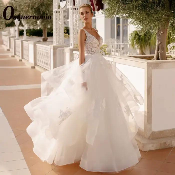 Osquernovia Bohe Robes de mariée trapèze pour femmes, col en V, dos nu, appliques en dentelle, Robe 