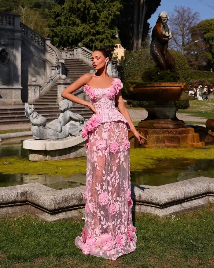 Robe de bal fourreau rose pour femmes, avec des appliques de perles, transparente, asymétrique épaul
