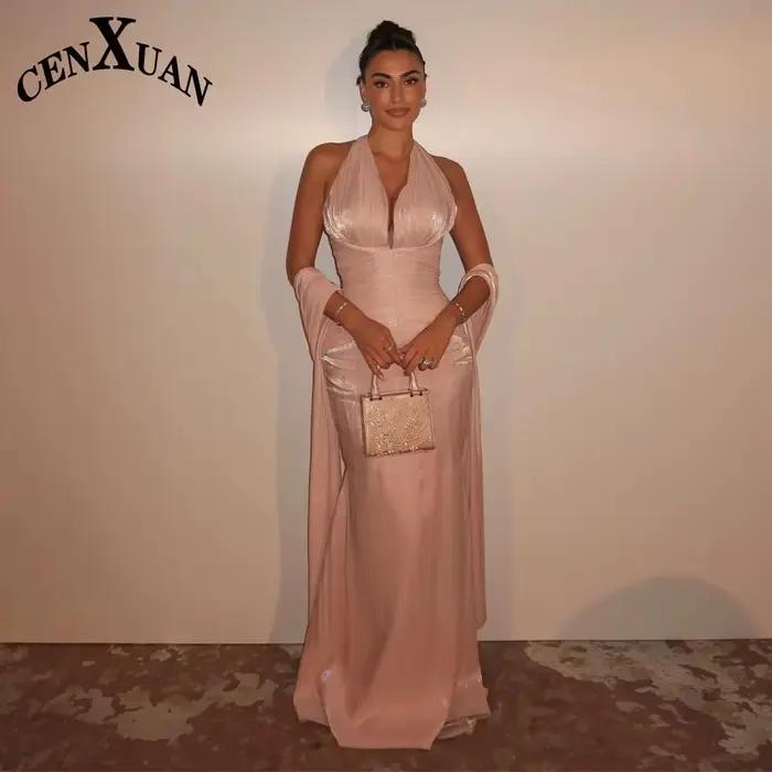 Robe de soirée moderne CENXUAN avec col halter sans manches, coupe sirène, traîne longue, pour jeune