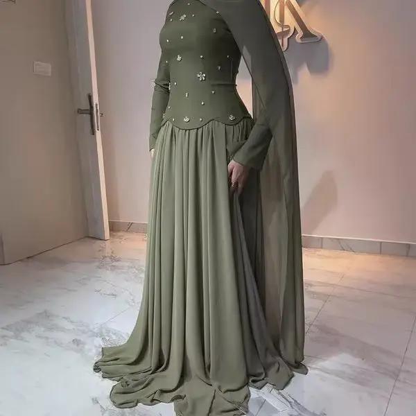 Robe de bal musulmane en perles vert Olive, à volants, élégante, arabe, fluide, dubaï, robe de soiré