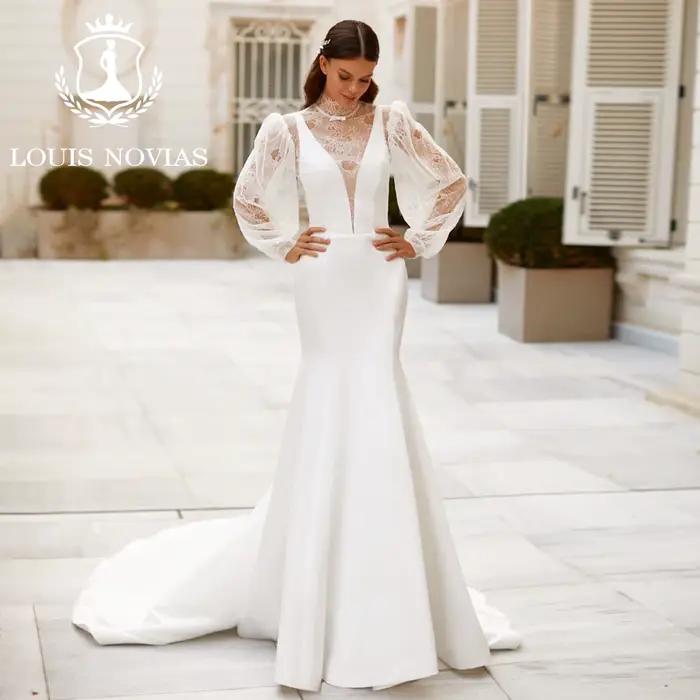 Modiis-Robe de mariée sirène avec veste, robe de mariée en satin, plissé dos nu, décolleté en V prof