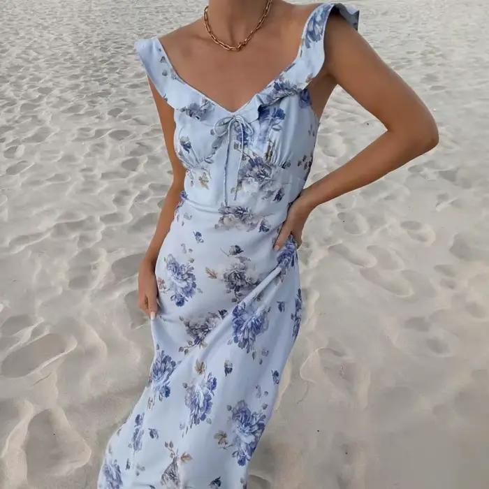 Robe d'été Sexy à imprimé floral pour femmes, coupe basse, sans manches, dos nu, Slim, écharpe, vaca