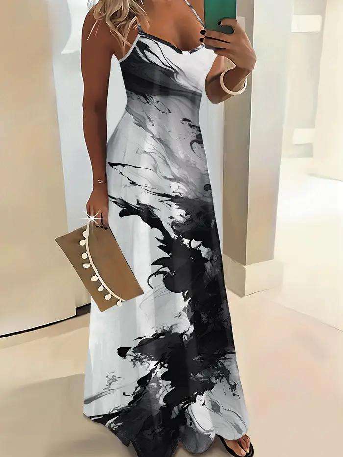 Robe de vacances pour femmes, imprimé marbré abstrait noir et blanc, robe maxi sans manches, robe d'