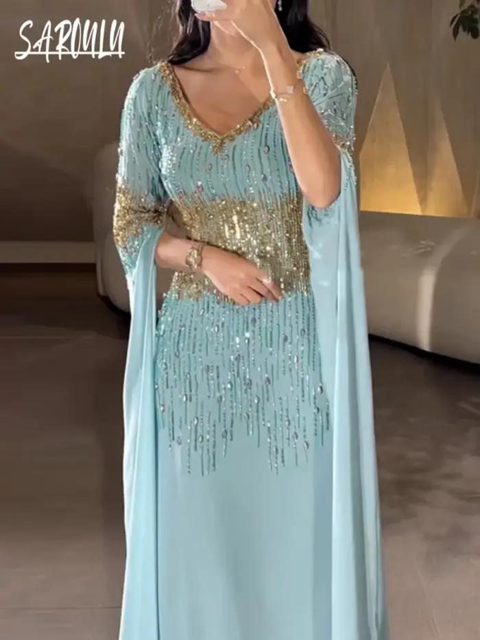 Robe de soirée délicate, col en V, cristaux brillants, perles, luxueuse robe de bal pour femmes, fêt