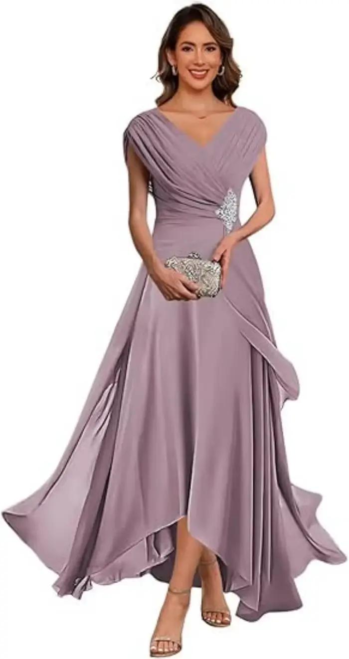Robes de soirée en mousseline de soie avec appliques en dentelle pour la mère de la mariée, manches 