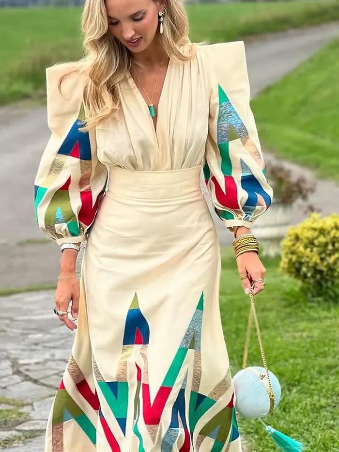 Ensemble de robe chic et élégant pour femme, chemisier à col en V profond, robe longue pour femme, f