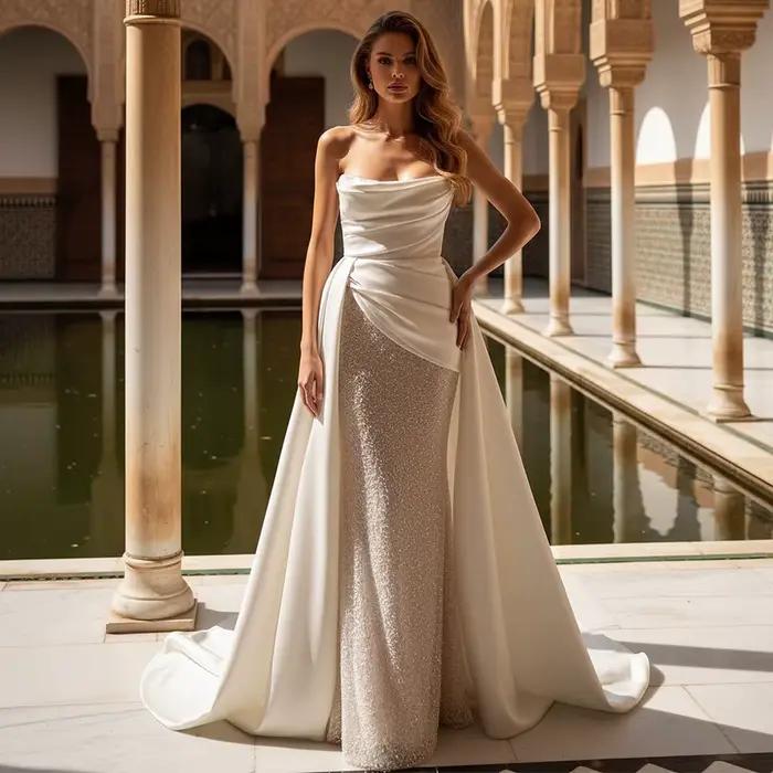 Robe de mariée sirène de luxe en perles scintillantes, longue robe de soirée plissée en Satin sans b
