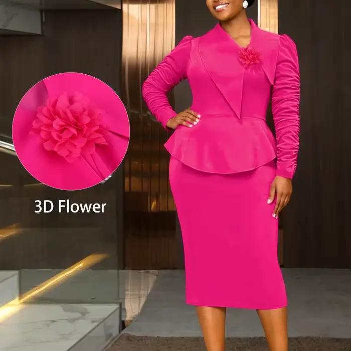 Robe moulante à la mode pour femmes, col asymétrique froncé, manches longues, péplum, bureau, église