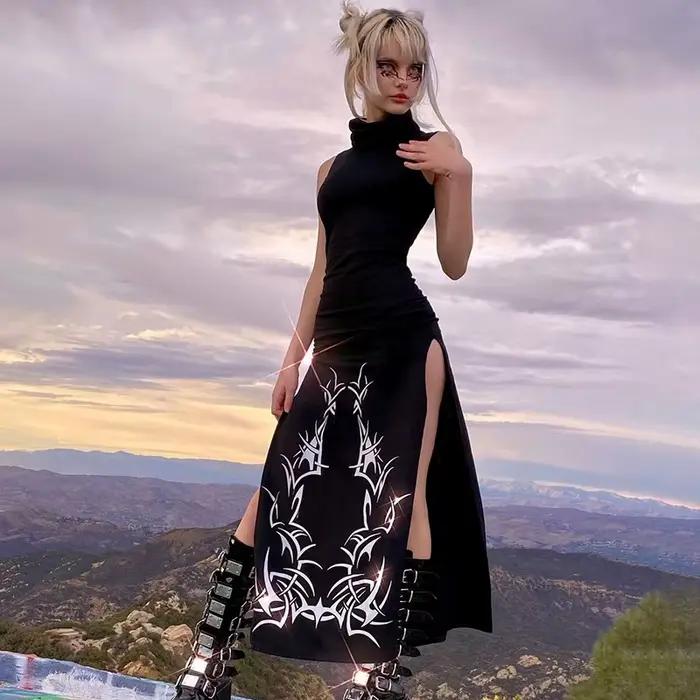 Robe Longue à Imprimé Gothique pour Femme, Vêtement à Col Roulé, Noir, à la Mode, Harajuku