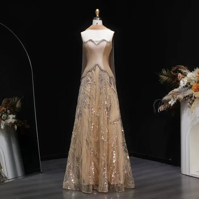 Robe de soirée trapèze de luxe Sharon Said Dubai avec sequins et écharpe, pour femmes arabes, mariag