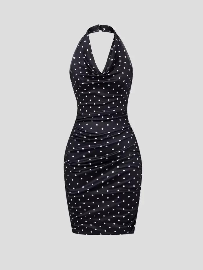 Robe moulante sexy à pois noirs et blancs pour femme, col bénitier, froncée, sans manches, mini-robe