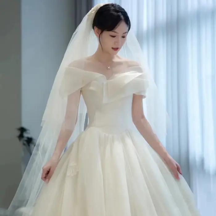 Robe de mariée française légère, épaules dénudées, avec Texture haut de gamme, petite Stature, femme