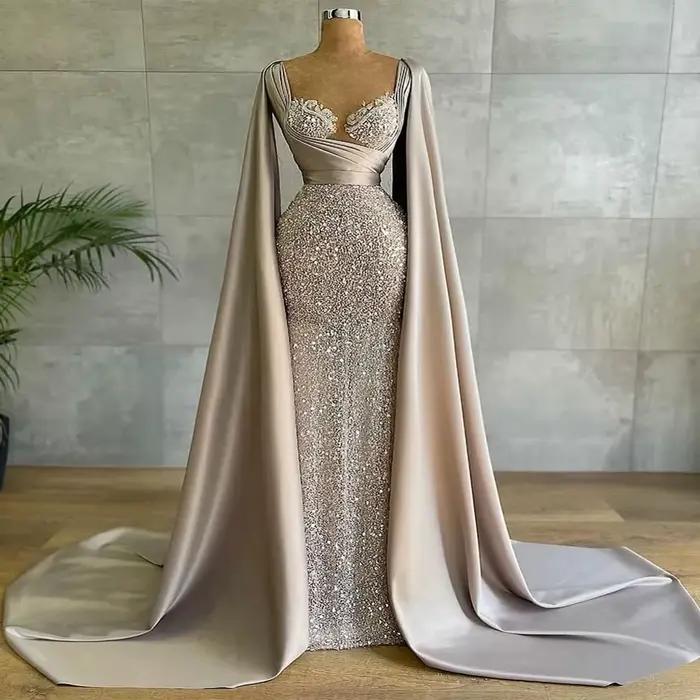 Robe de Soirée Arabe en Dentelle Froncée à Paillettes pour Femme, Tenue de Bal Formelle Personnalisé