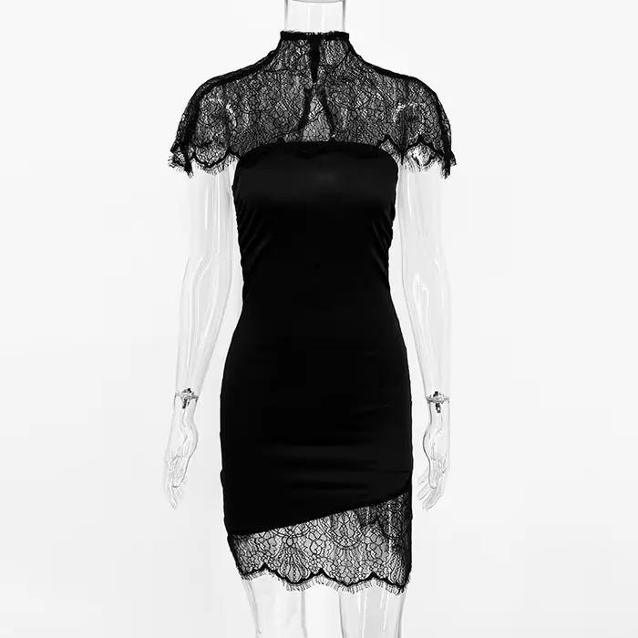 Robe longue sexy noire en dentelle pour femme 2026, avec patchwork de dentelle, sans bretelles, coup