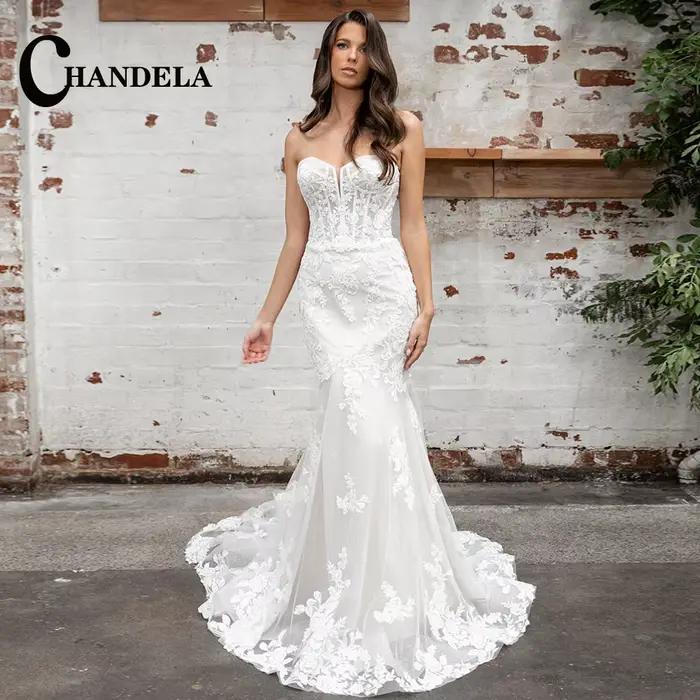 CHANDELA Robes de mariée trompette charmantes, encolure cœur, en tulle plissé avec appliques en dent