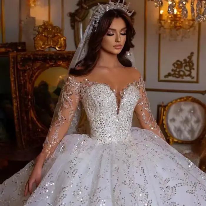 Robe De mariée De luxe à paillettes royales, personnalisée, manches longues, en dentelle, à paillett