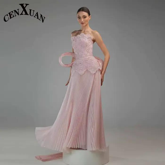 Robe de soirée élégante CENXUAN pour femme, coupe trapèze, sans manches, drapée, ornée de strass et 