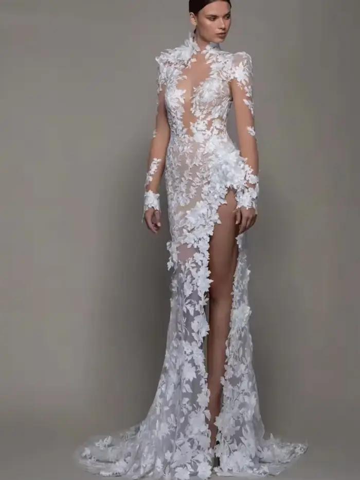 Robes de mariée personnalisées 3D fleur Robe de mariée Sexy Illusion haute fente Robe de mariée robe