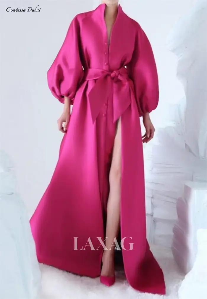 Robe de Soirée Contessa sur Mesure à Manches Ballon Coupe A-Line avec Nœud Élégant à la Taille, Robe
