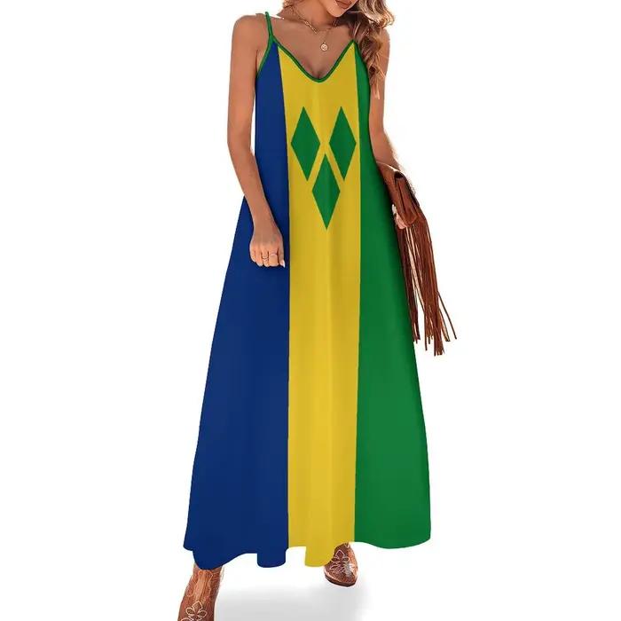 Robe Longue à Imprimé Saint-Vincent et les Grenadines pour Femme, Tenue Rétro à Col en V, Nouvelle C