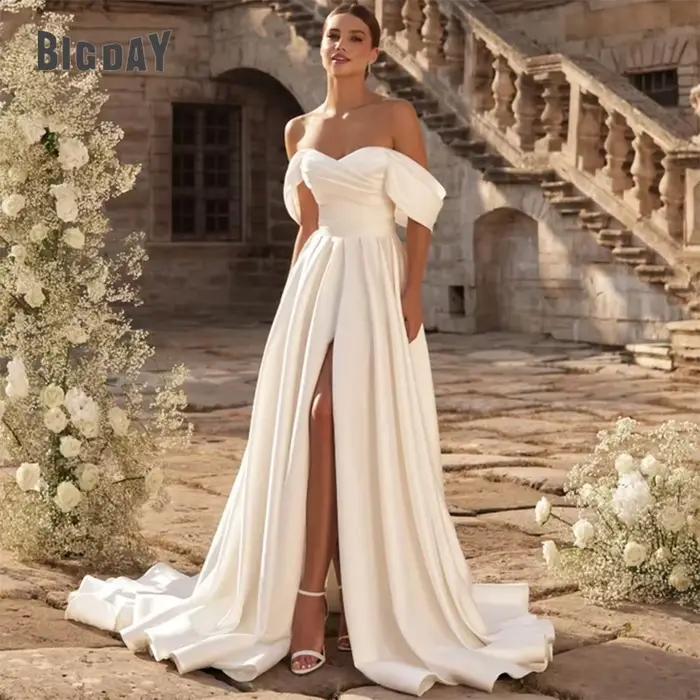 Robe de Mariée Trapèze Élégante en Satin, Dos aux, Plissé, Fendu, pour Patients, Éducative, Personna