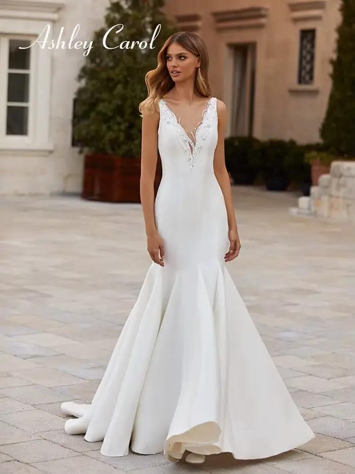 Ashley Carol-Robes de mariée sirène avec veste pour femmes, robes de mariée sexy à col en V, appliqu